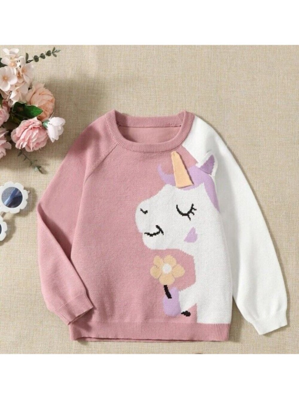 Toddler Girls Unicorn Knit Sweater Top Cute Pullover Cozy 4 4T Pink White
